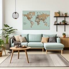 b'A map of the world in a living room'