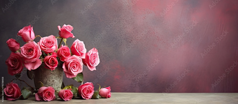 Wall mural Pink roses in vase on table