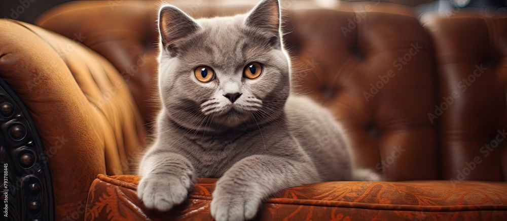 Poster Cat lounging on armchair gazes at camera