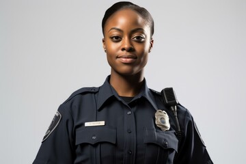b'A policewoman in uniform with a gun and a badge.'