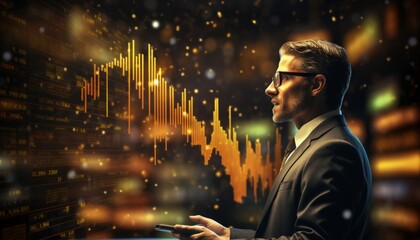 A businessman looking at a glowing stock market graph. - obrazy, fototapety, plakaty