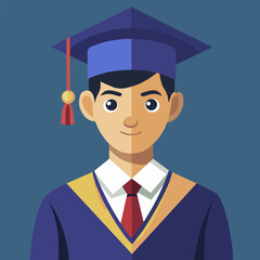 Portrait of a young graduate in graduation dress and hat. Flat vector illustration