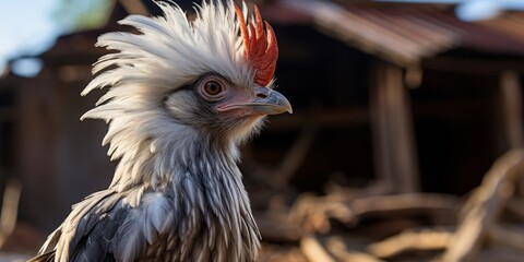 A close up of a white chicken with a red comb and black eyes. - obrazy, fototapety, plakaty
