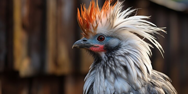 A close up of a Silkie chicken with a red mohawk.