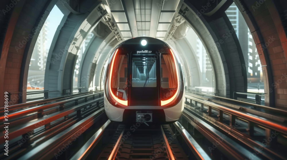 Poster High-speed metro train emerging from a tunnel into a futuristic cityscape, representing progress and efficiency.