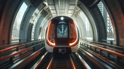 High-speed metro train emerging from a tunnel into a futuristic cityscape, representing progress and efficiency.