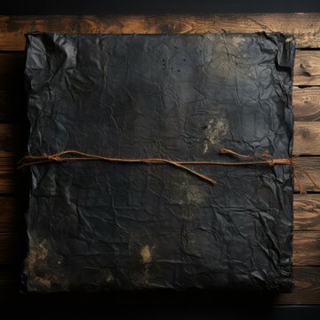 b'Black paper package on wooden table'