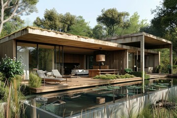 Obraz premium Modern and minimalist home with natural elements such as wood and water