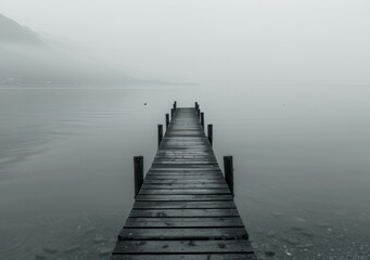 Wooden dock extending into a calm lake on a foggy day