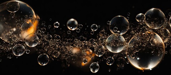 Water bubbles float on black surface - obrazy, fototapety, plakaty