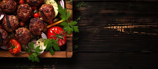 A cutting board with assorted meat and fresh vegetables - obrazy, fototapety, plakaty