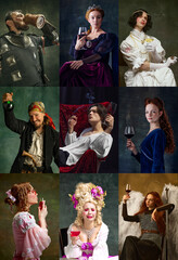 Fototapeta premium Collage. Medieval people with different emotions as royalty persons in vintage clothing drinks against vintage studio background. Concept of comparisons of eras, party, traditional festivals. Ad