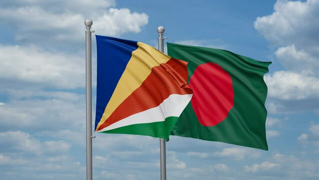 Bangladesh and Seychelles two flags waving together, looped video, two country relations concept