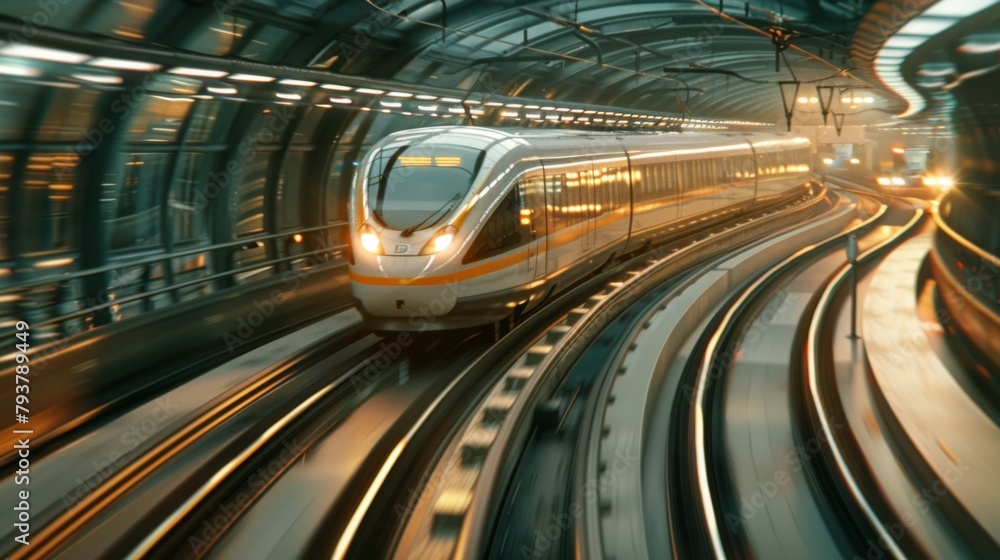 Poster High-speed subway train speeding through a curved track, showcasing efficient urban transportation.