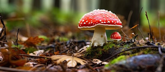 Mushrooms on a leafy log in a forest - obrazy, fototapety, plakaty