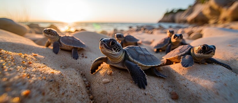 Several baby turtles at ocean's edge