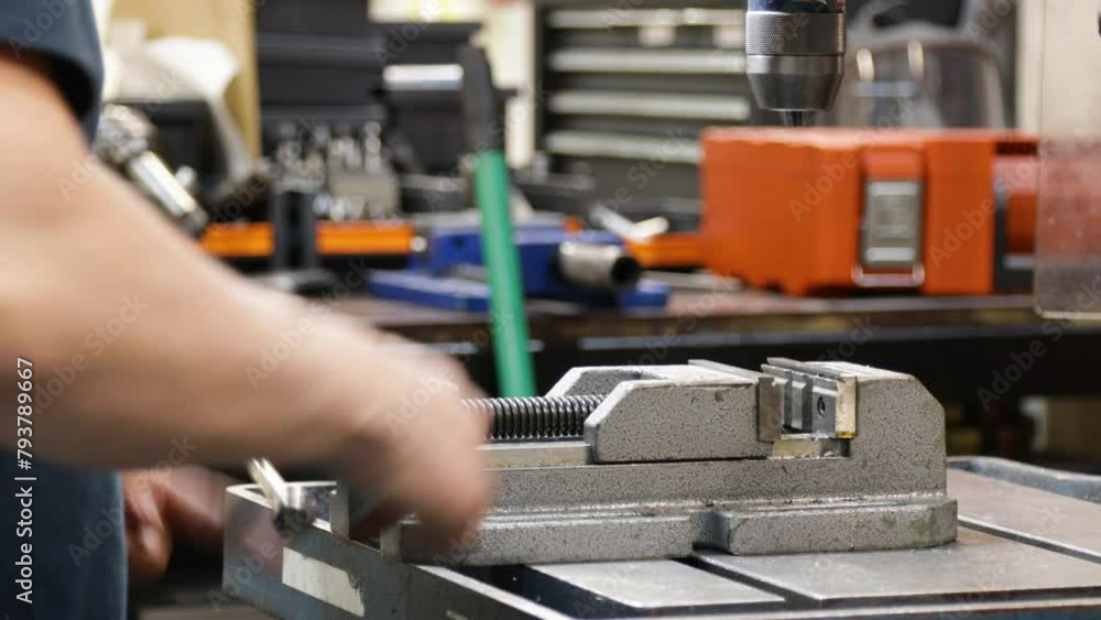 Poster handy drill press on workshop factory table while a technician precision mechanical engineer drillin