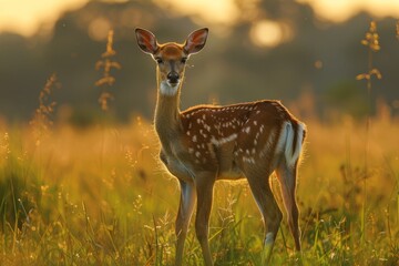 Naklejka na ściany i meble A beautiful deer standing in a field of tall grass