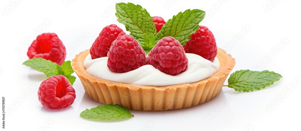 Wall mural Raspberry cream tart with mint leaves