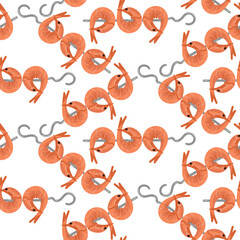 pattern of fresh pink boiled shrimps on skewers, all on a white background, is suitable for decorating seafood restaurant menus. Vector seamless texture with finished barbecue products