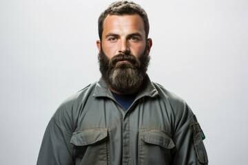 Fototapeta premium b'portrait of a man with a thick beard wearing a jumpsuit'