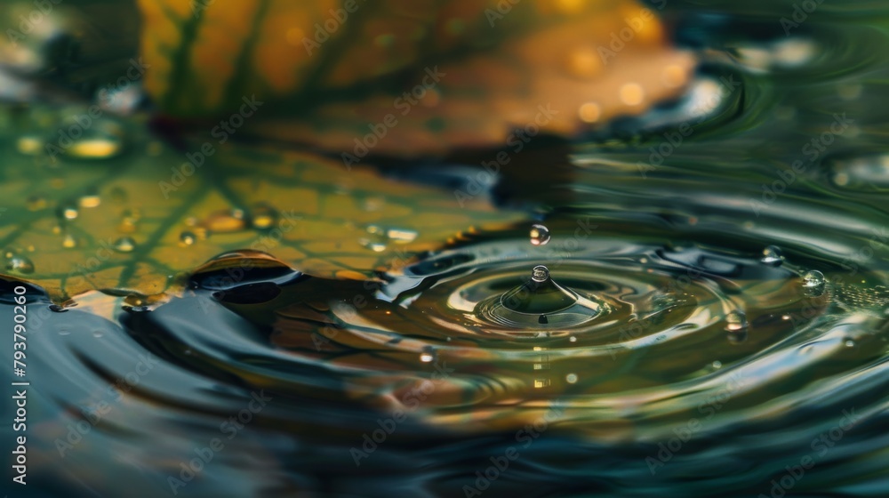 Aufkleber macro shot of raindrops creating ripples on a leaf's surface, a miniature aquatic world.
