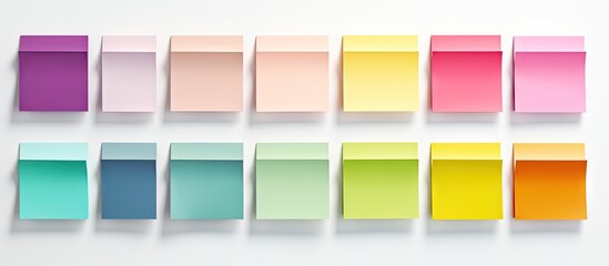 Colorful sticky notes arrangement on white surface - obrazy, fototapety, plakaty