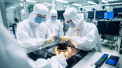 A group of people in white suits working diligently on a complex machine