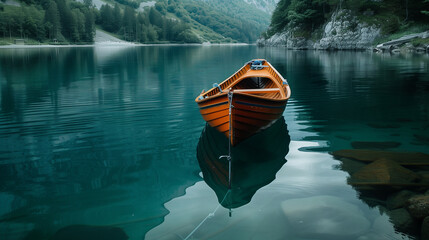 Serene lake with a solitary wooden boat