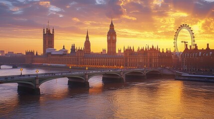 Fototapeta premium b'London cityscape with the Houses of Parliament and the London Eye at sunset'