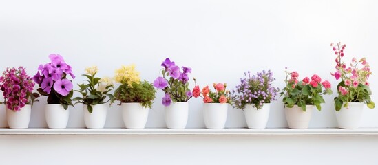 small pots display varied flowers on shelf