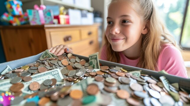 b'Little girl looking at a box full of money'