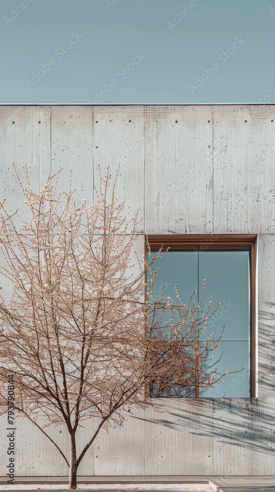 Poster bare tree in front of concrete building with glass window