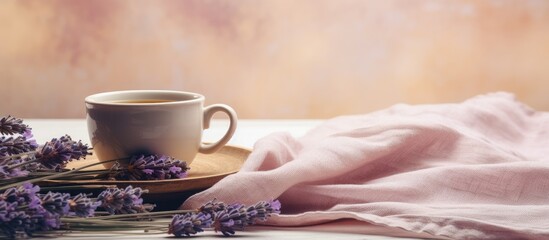 Plate with lavender blooms and coffee cup - obrazy, fototapety, plakaty
