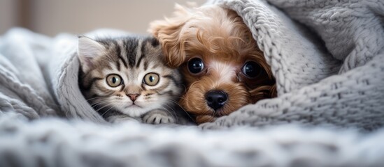 Cat and dog snuggle under blanket