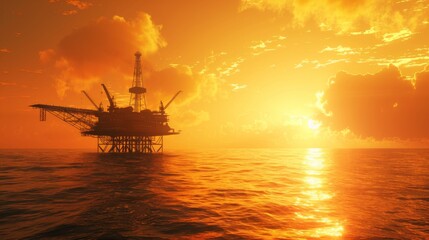 Offshore oil rig platform at sunset, silhouette against the golden sky, symbolizing the energy industry's resilience.