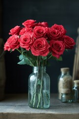 b'A dozen red roses in a glass vase on a wooden table'