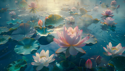 Beautiful tranquil waters adorned with the delicate presence of several pink and white lotus flowers - obrazy, fototapety, plakaty