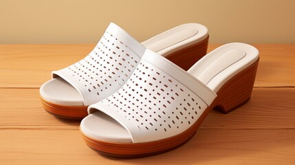 b'A pair of white leather clogs with a wooden heel and a beige insole'
