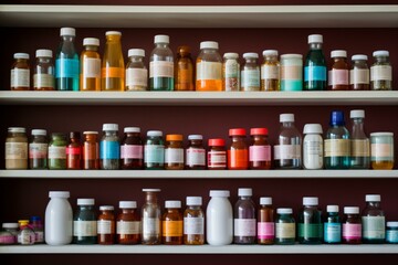 b'A variety of medicine bottles on the shelf'