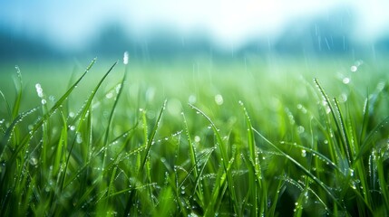 b'Close-up of green grass with water drops'