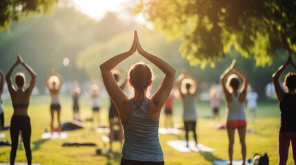 A diverse group of people practicing yoga together in a vibrant park setting