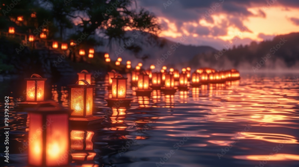 Poster rows of floating lanterns glowing in the twilight, creating a magical pathway on the water's surface