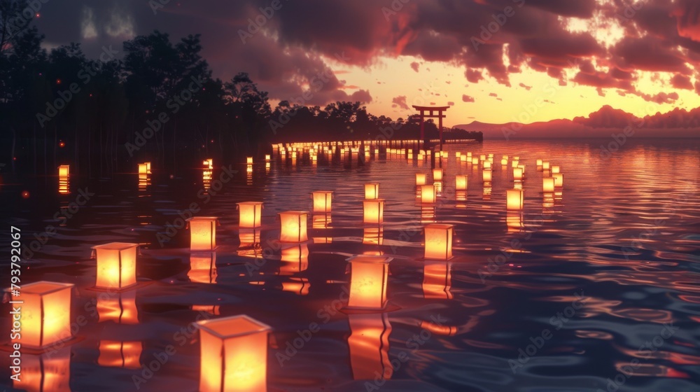 Poster rows of floating lanterns glowing in the twilight, creating a magical pathway on the water's surface