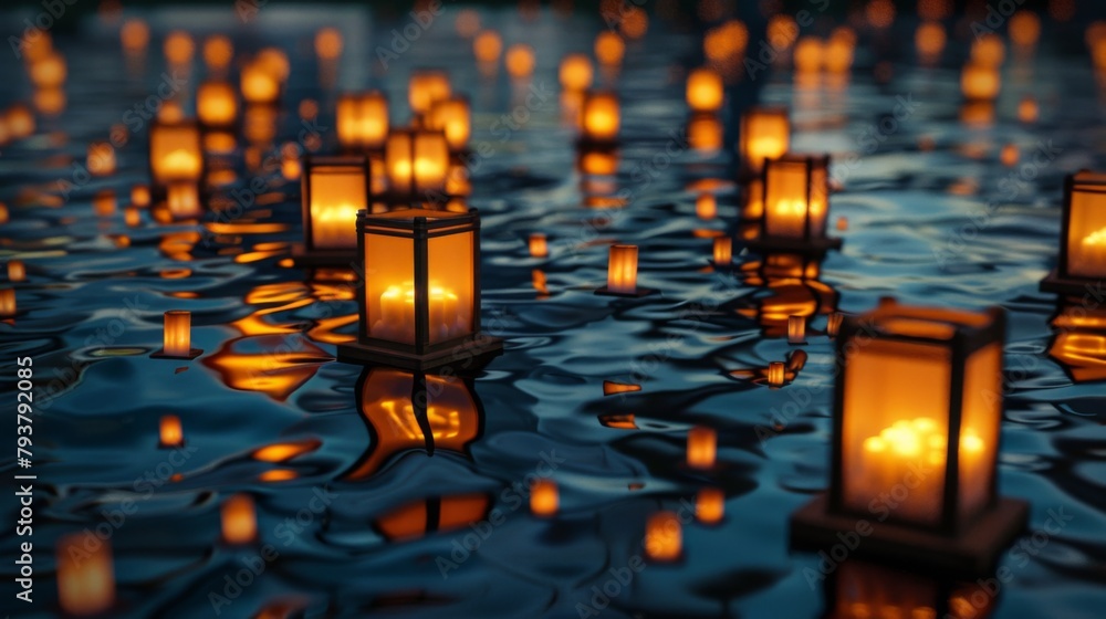 Poster rows of illuminated floating lanterns casting reflections on the water's surface, creating a magical