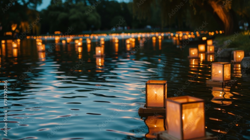 Poster rows of illuminated floating lanterns casting reflections on the water's surface, creating a magical