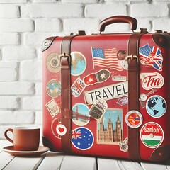 valigia dei viaggi con adesivi