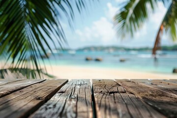 old wood table top on blurred beach background with coconut leaf. Concept Summer, Beach, Sea, Relax with generative ai