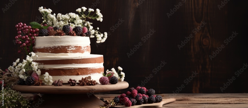 Sticker Fresh homemade pie topped with berries on rustic wooden table