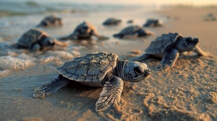 Sea turtle hatchlings making their way to the ocean under the watchful eye of conservationists